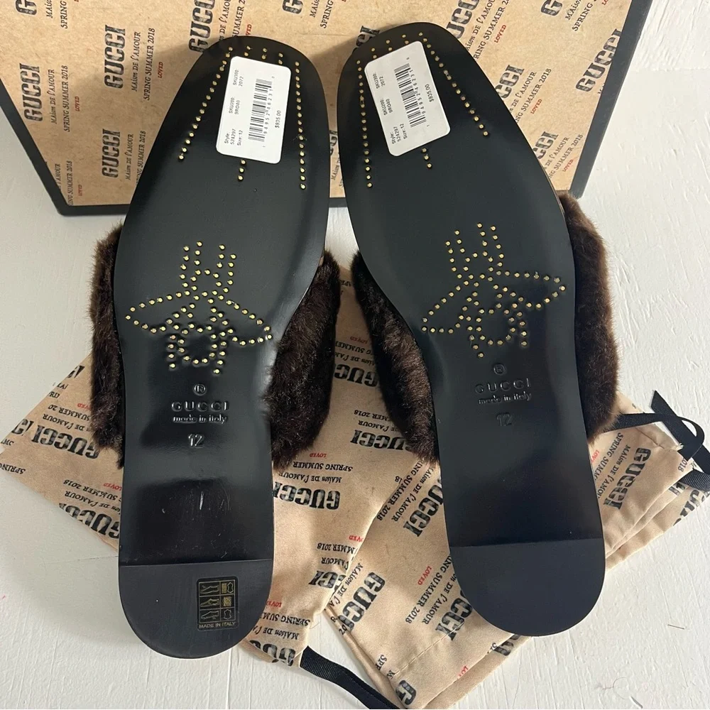 Gucci Men's Lawrence Faux Fur Suede GG Logo Slides Size 12 Chocolate Brown - Picture 8 of 13